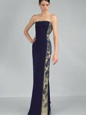 D6307L Lace Panel Strapless Column Gown - Navy